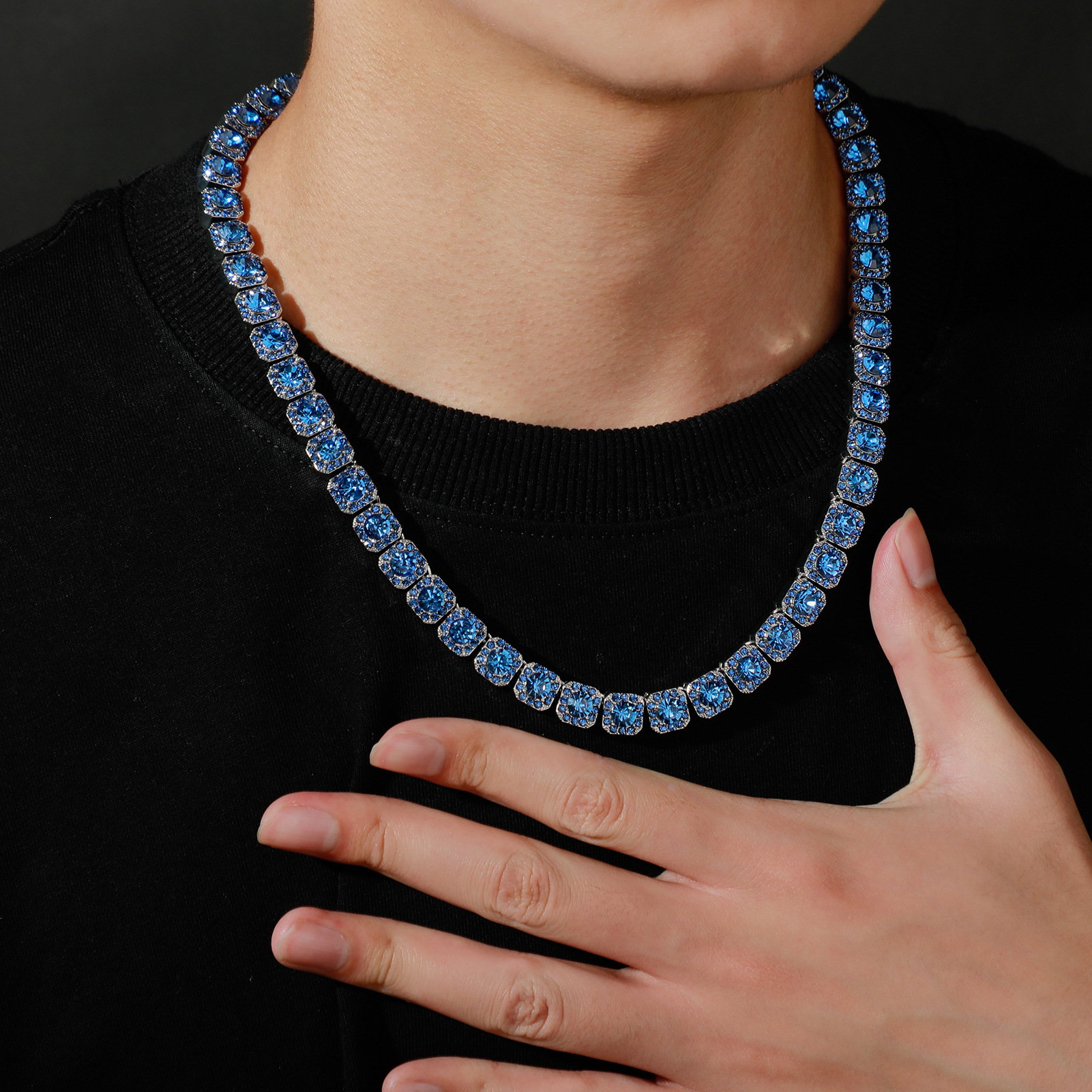 New In Hip Hop Full Clustered Blue Diamond Tennis Chain Necklace Bracelet Mens Womens Fashion Jewelry Accessories Miami Party Bijoux Pulsera Hombre Co