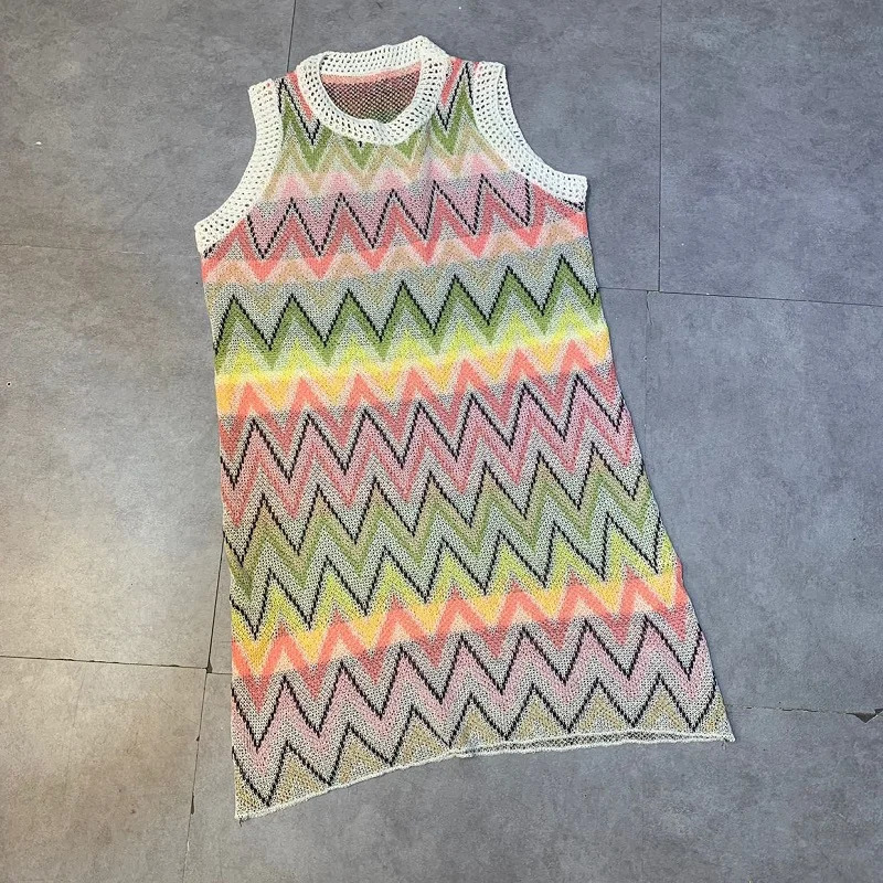 Summer Knit Mini Dres Rainbow Striped Dress Ladies Sleeveless Hollow Out Patchwork Sundress Fashion Casual Robe Femme 241212