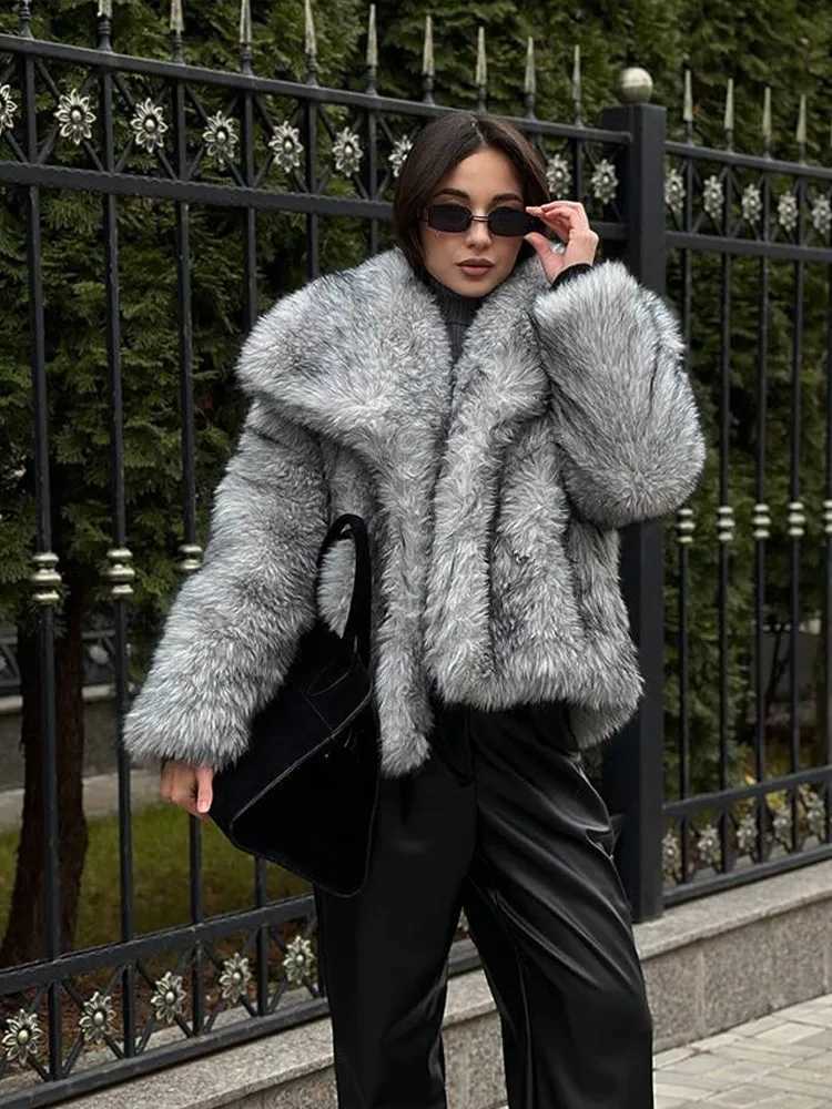 Luxury solid large collar fluffy faux fur coat for womens fashion long Slve oversized plush warm coat 2024 winter womens T-shirt X241214