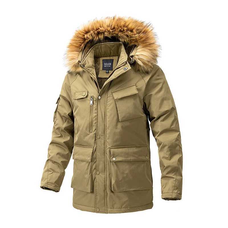 Mens winter long Parkas down jacket mens casual loose fur collar hooded jacket outdoor thick warm wool jacket 4XL W241213