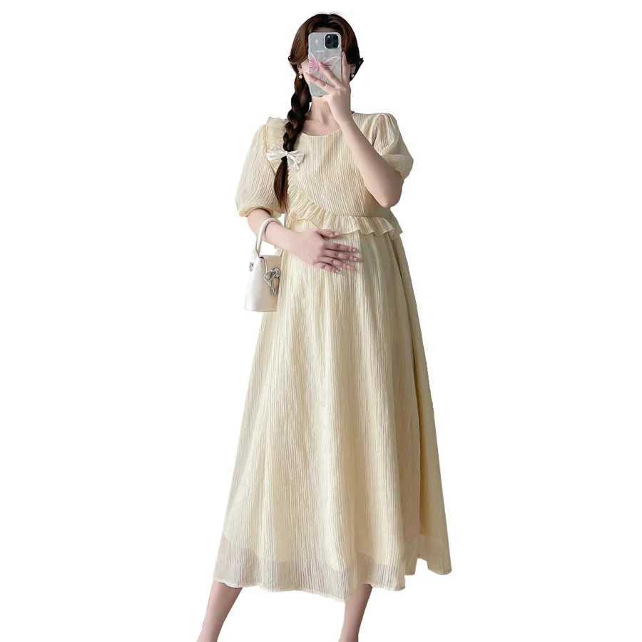 Summer Materni Long Par Dress Sweet Ruffles Patchwork Puff Sleeve O-neck Pregnant Woman Pleated Mesh Dress Princess DressesXJ241213