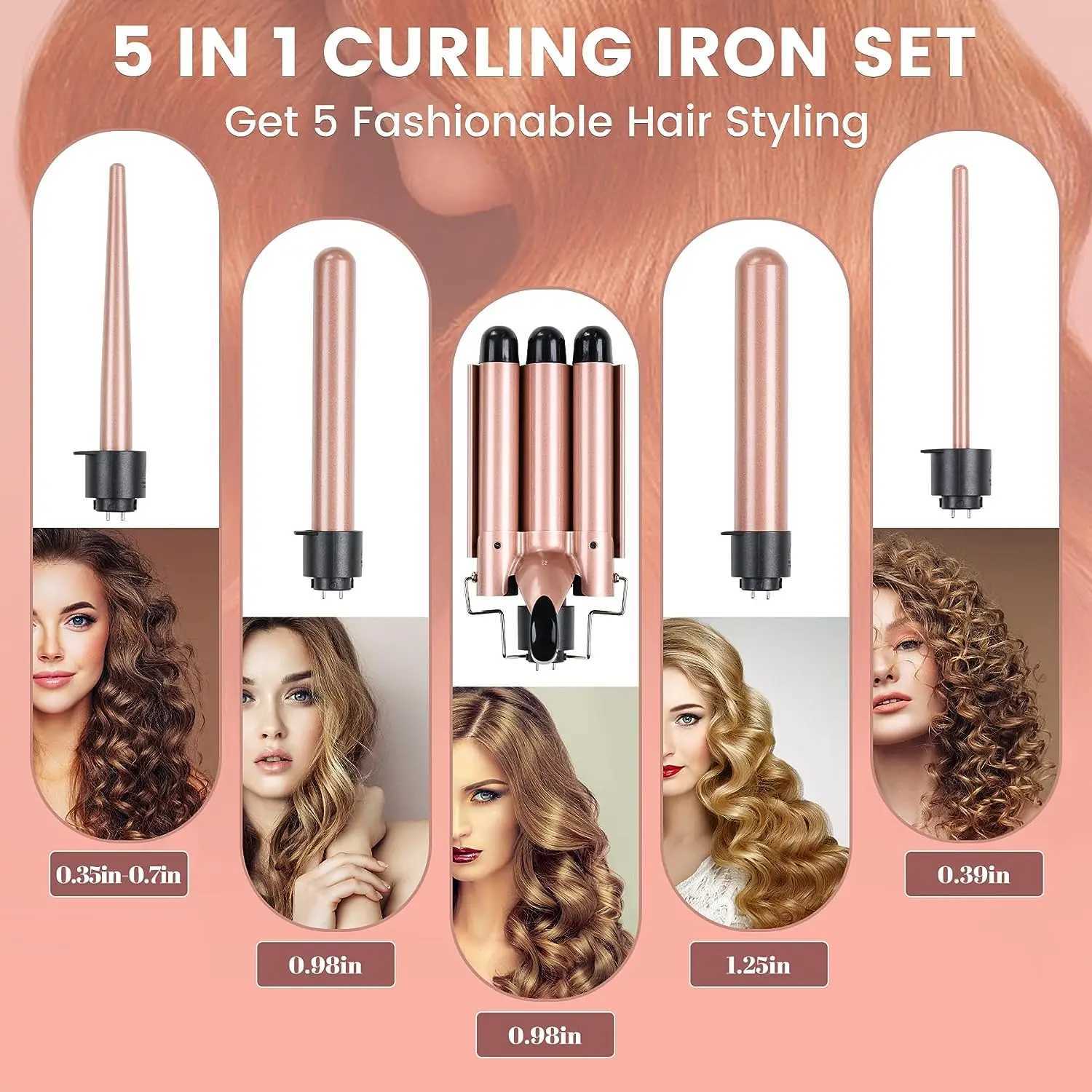 5 in 1 Hair Curling Wand Set Curling Iron with Interchangeable Barrels and Wave Curling Iron Fast Heating Wand Curler W241214
