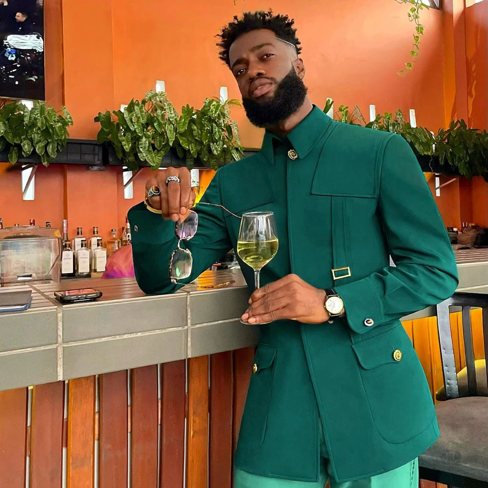 Green Fashion Utility Wedding Men Suits TailorMade Party Tuxedo 2 Pieces Slim Fit Jacket Pants Blazer Singer Groom 241211