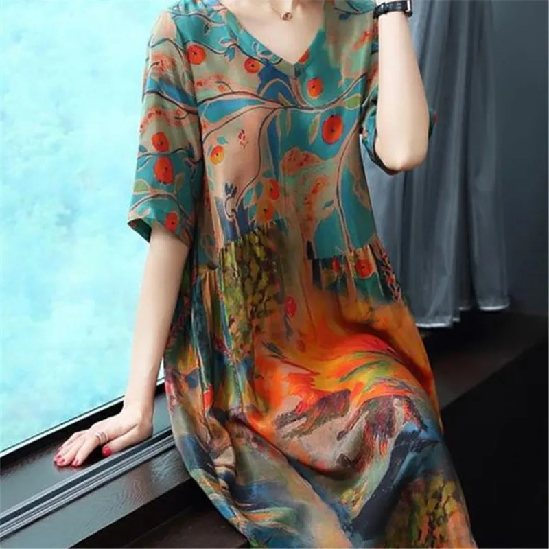 2023 Summer High Quality Silk Screen Dress Medieval Retro Elegant Large Loose Oneck Womens 241212