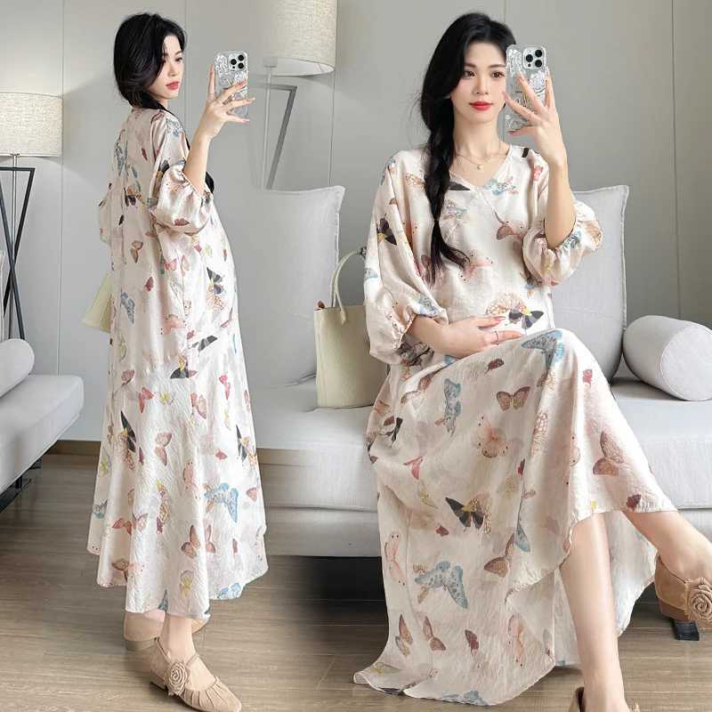 2025 Summer Materni Long Loose Dress Chinese Sle Lantern Sleeve Fashion Printing Pregnant Woman Beach Dress Holiday ClothesXJ241213