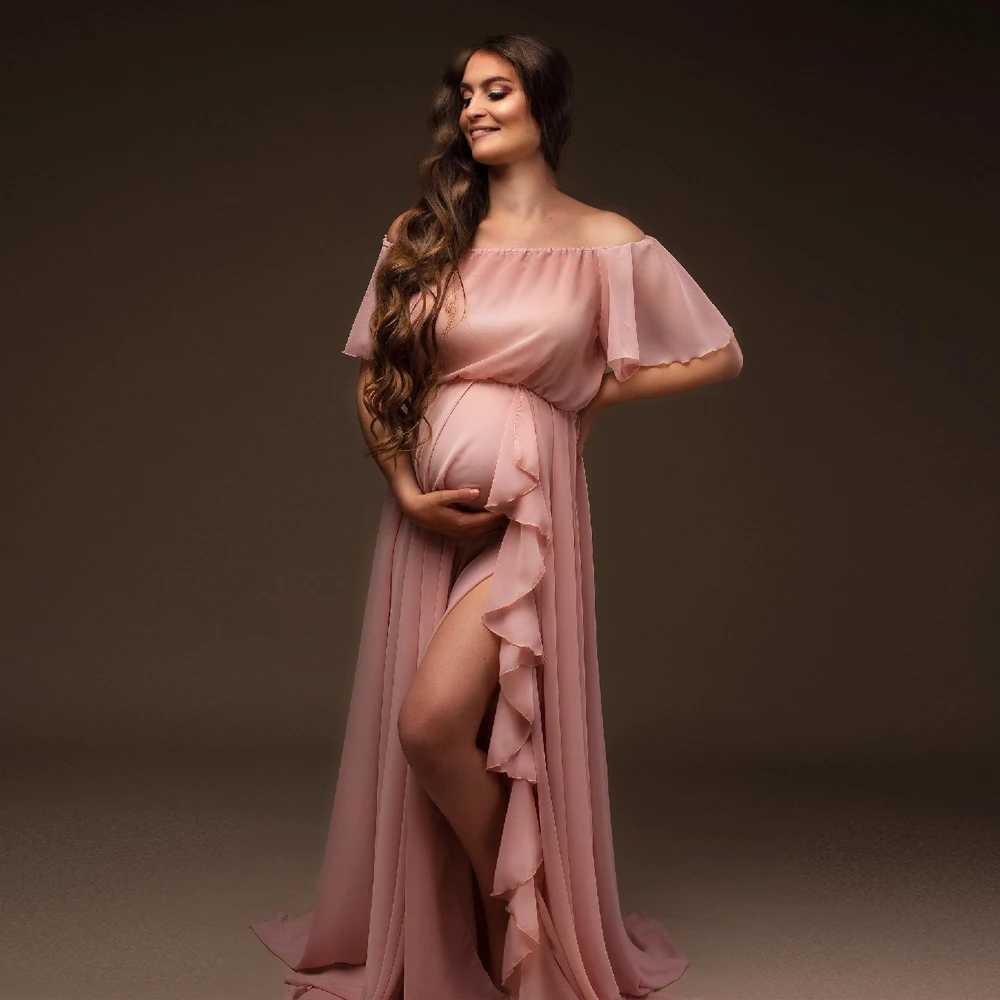 Materni Photography Dress Shoulder Ruffle Sleeve Chiffon Dress Baby Shower Dress Bohemian Photo Shooting Pregnancy DressXJ241213