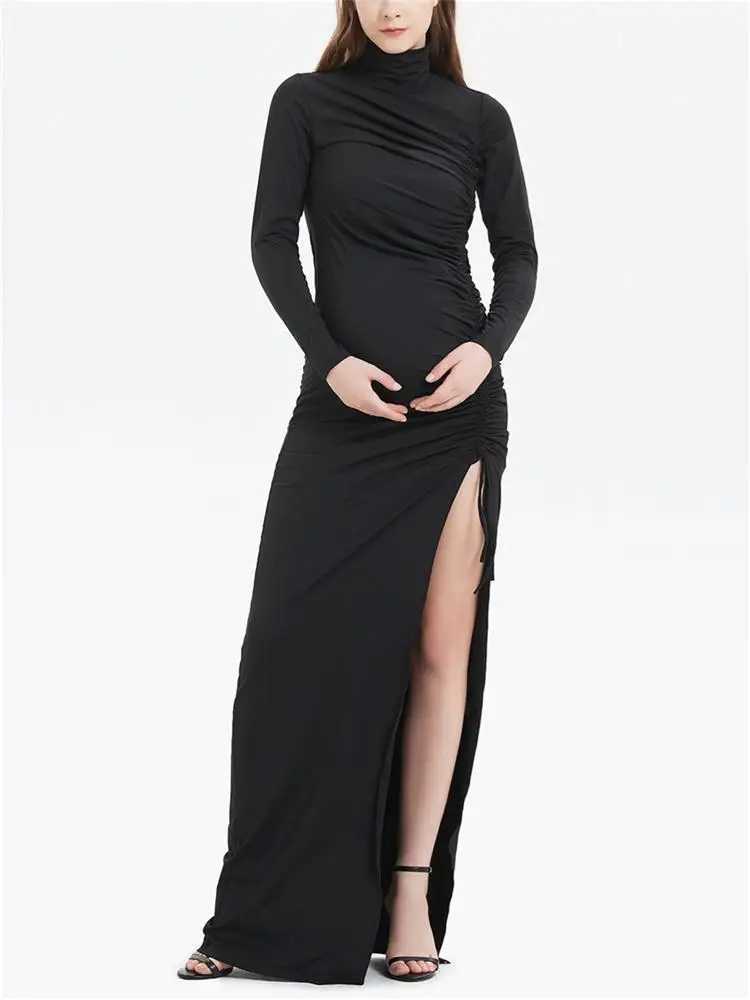 Materni Women Drstring Side Slit Long Dresses Baby Shower Photoshoot Dress Pregnant Women ClothesXJ241213