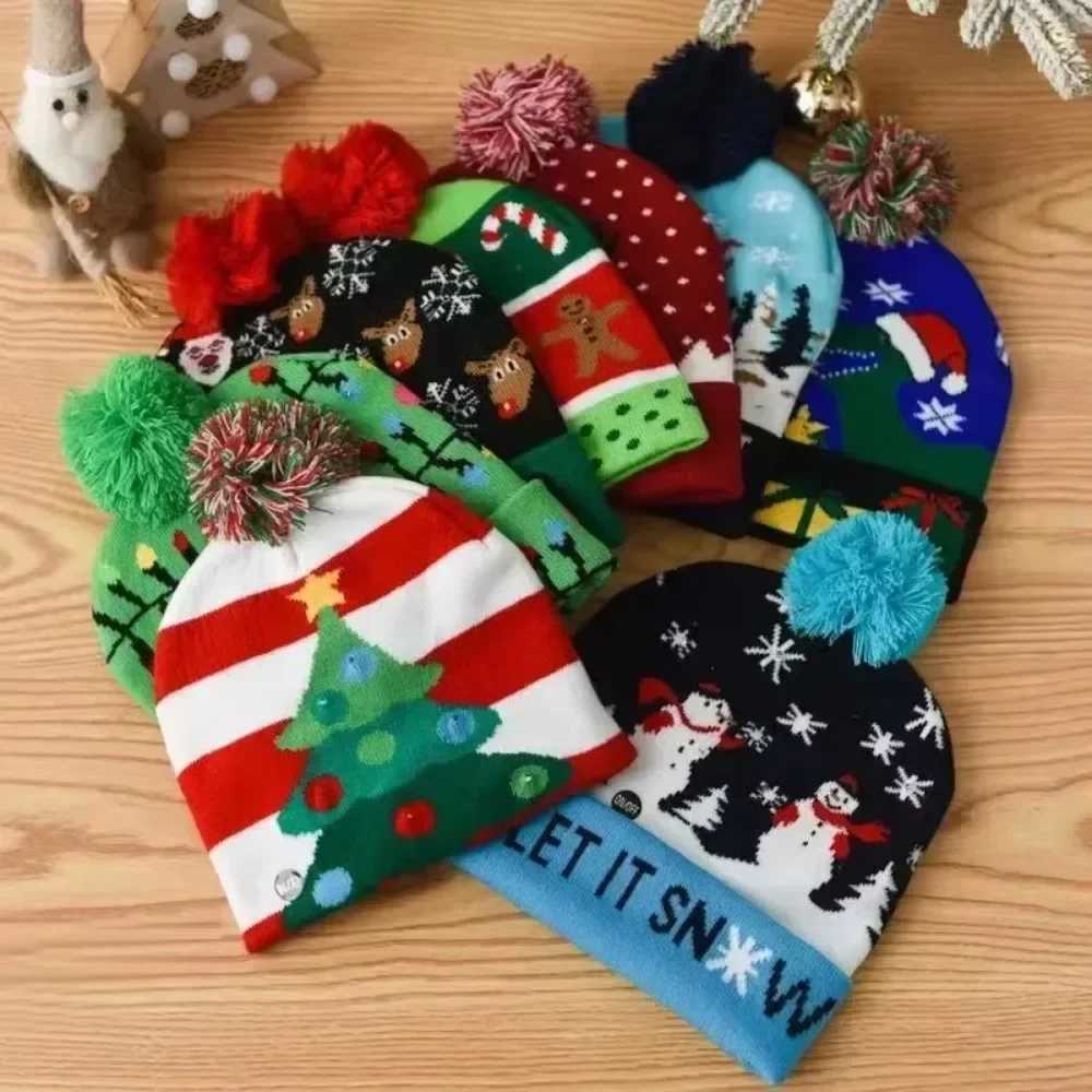 LED Christmas Hat X-mas Flash Light Up Knitted Hat Warm Winter Cap Christmas Gift for Kids/Adults Xmas New Year Feative Hats W241213