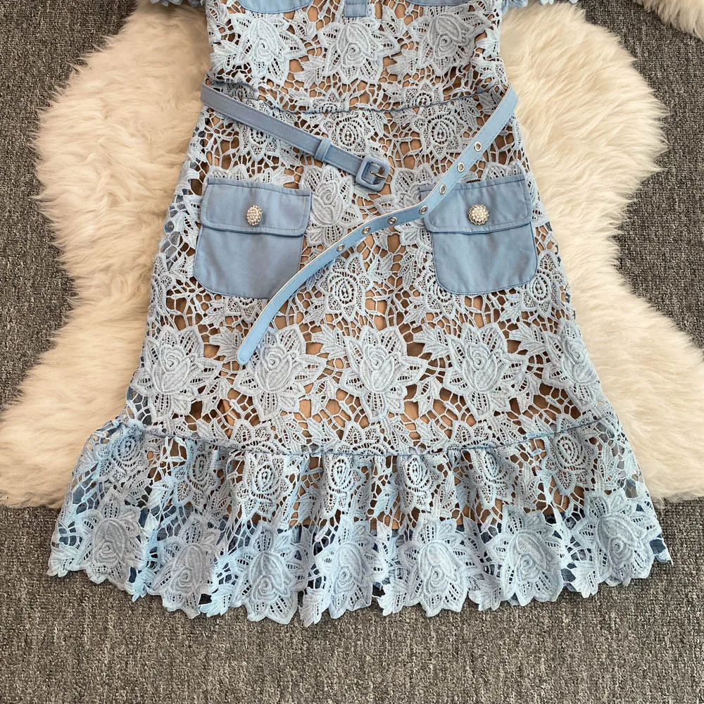 Casual Dresses Summer Quality Summer Embroidery Fishtail Short Evening Prom Dress Women Blue Beaded Button Ruffle Belt Mini Party Flower Dresses Brand