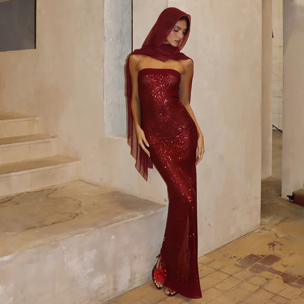 Designer Dress Fashionable And Sexy Spicy Girl Slim Fit Sequins High-end New Product Popular Backless Slit Strapless Dress