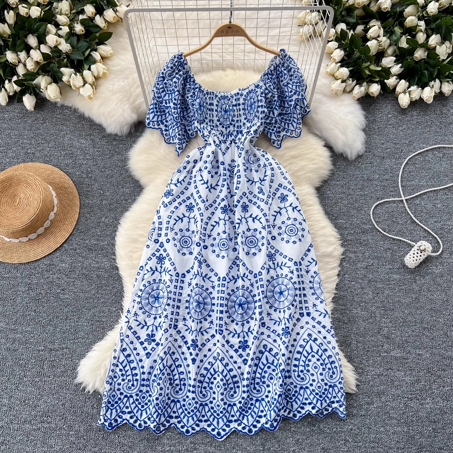 Basic Casual Dresses Summer Beach Holiday Embroidery Cotton Dress Women Butterfly Sleeve Sexy Slash Neck Blue White Porcelain Floral Backless Vestido 