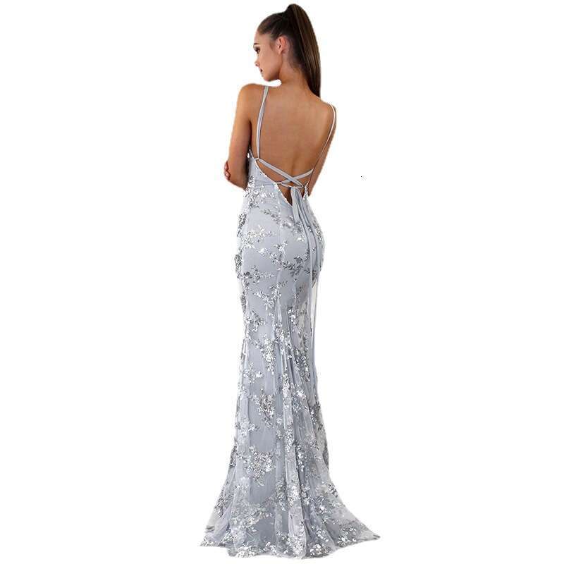 New European And American Women's With Camisole V-Neck Backless Sequined Lace Up Dress