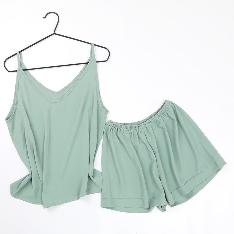 B556-Spring and summer women's loose V-neck satin sling suit personality contrast color comfortable home clothes Korean style pajamas