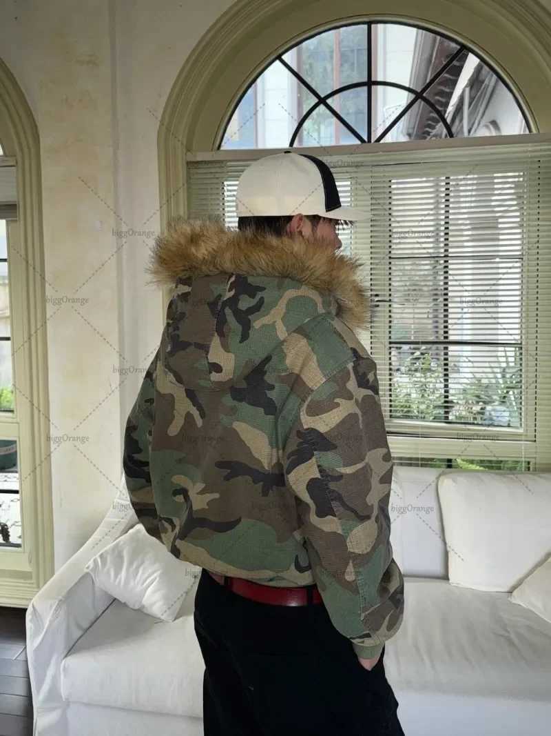Retro Harajuku Y2K Streetwear Jacket Gothic Punk Personality Fur Collar Camouflage Zipper Hoodie Men Casual Oversized Sweatshirt W241213