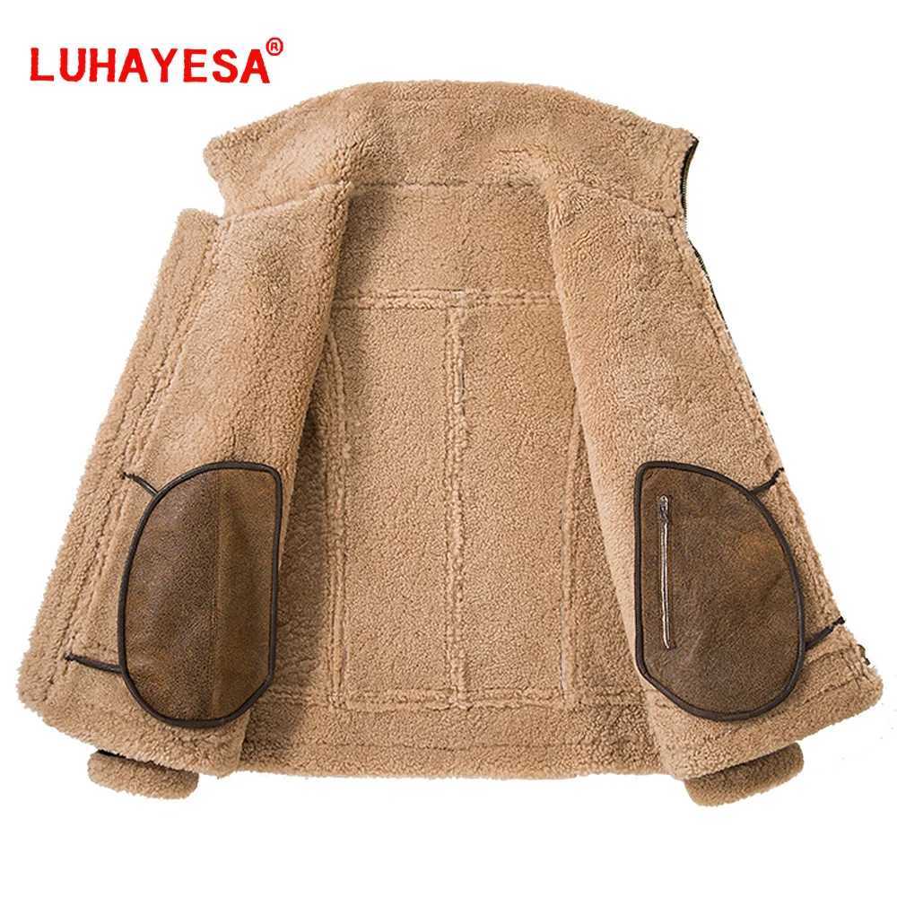 Double neck thick leather sheepskin jacket natural wool coat winter mens warm fur clothing W241213