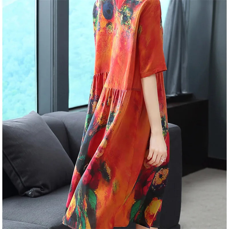 2023 Summer High Quality Silk Screen Dress Medieval Retro Elegant Large Loose Oneck Womens 241212