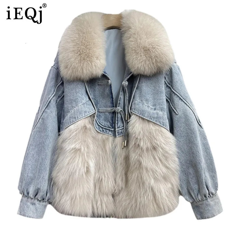 IEQJ Button Denim Jacket Plush Splicing Coat Big Fur Collar Thickened Casual Loose 2025 Winter Womens 3DM0011 241210