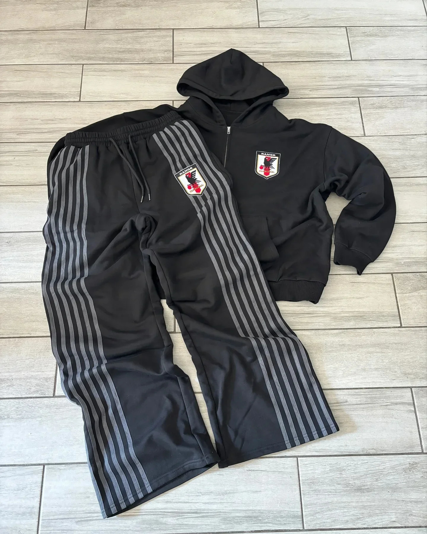 Y2K Zip Hooded Sweatpants Set Men Two Piece Hip Hop Embroidered Vintage Stripe Oversized Sweatshirt Casual Pants 241211