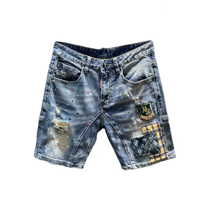 High quality street clothing Korean denim fashionable embroidery patch knee length shorts mens summer casual jeans 241211