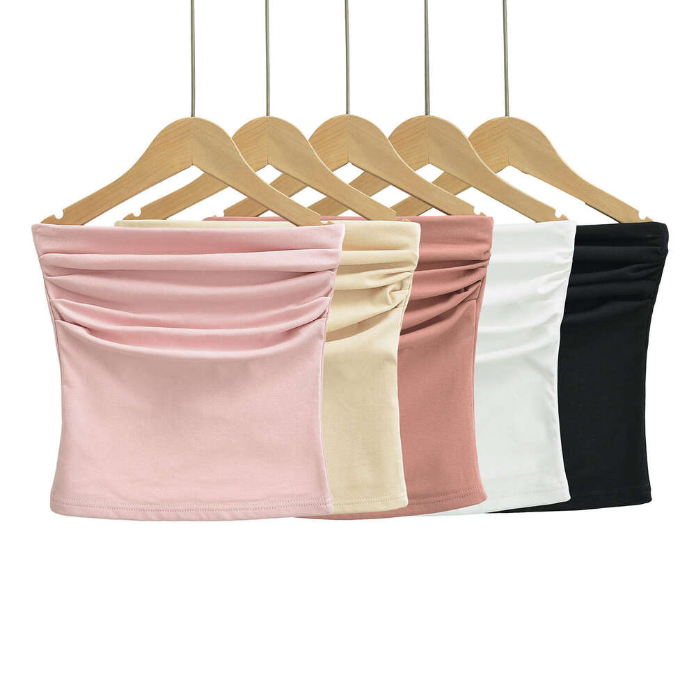 Spicy girl sexy pleated slim fit with a one neck chest hing vest, women's elastic tight short sleeved strapless vest top, 2024 versatile new tren