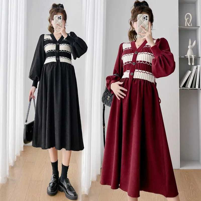 Materni Autumn Winter Thick Sweaters Patchwork Corduroy Materni Dress Fashion In A Line Clothes for Pregnant Women PregnancyXJ241213
