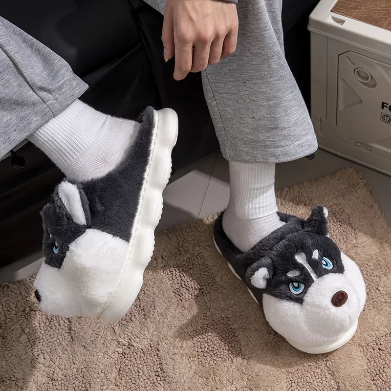 Women Indoor Cotton Slippers Cute Cartoon Dog Winter Warm Shoes Couples Home Floor Slides Antislip Female Male House Footwear 241214
