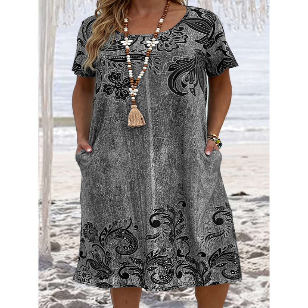 Large size women's loose 3D printed pocket dress 2024 new style chic and elegant clothing