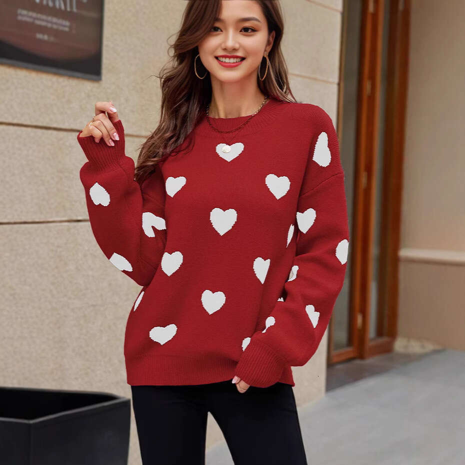 2025 European and American Valentine's Day love pullover women's knitted versatile casual loose sweater for women