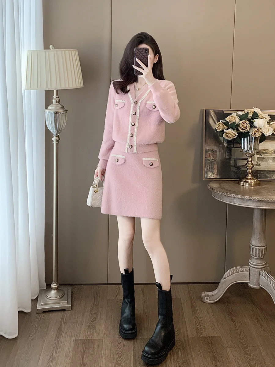 Pink Faux Mink Fur Knitted Two Piece Set Womens Outfits Sweet Single Breasted Sweater Cardgain Mini A Line Skirt Suits Female 241211
