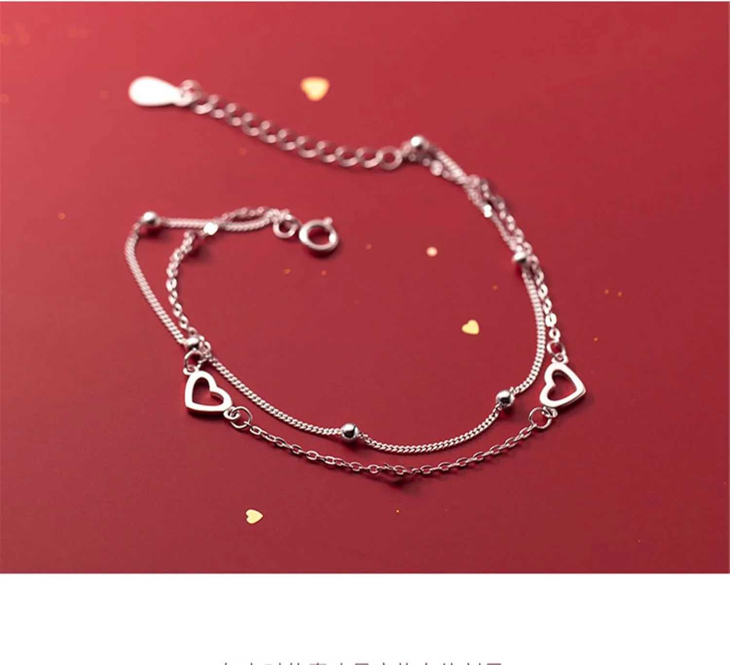 Round Bead Hollow Heart Hand Decorated Double Design Sweet 925 Silver Plated Chain Bracelet for Women Girls GiftsXJ241214