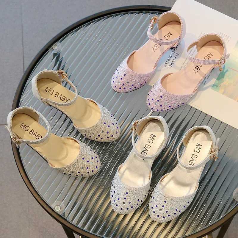 Sandals Princess Girls Party Shoes Children Sandals with Rhinestones High Heels Shoes Girls Sandals Pointy Toe Summer Kids Shoes H01184 H241213