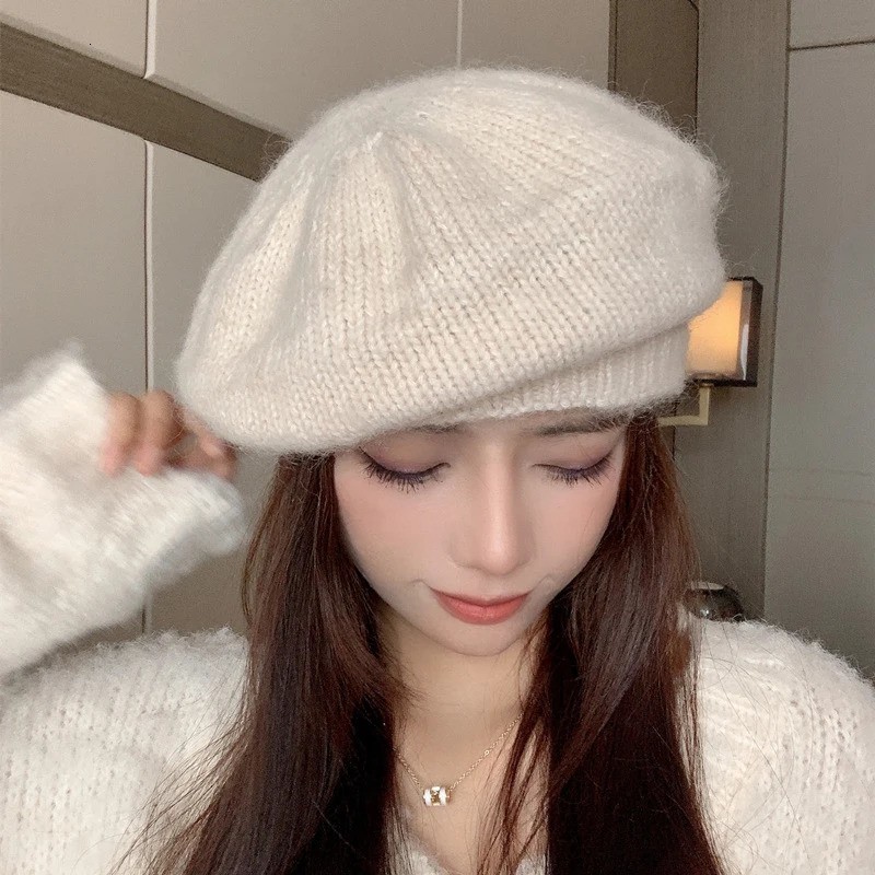 Solid Color Women Beret Hat Vintage Woolen Knitted Warm Beret Girl Ladies Autumn Winter Artist Painter Cap 241214