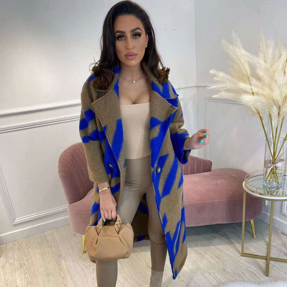 New European And American Autumn Cross Border Women's Clothing Multiple Color Blocked Fashion Long Sleeved Collar Printed Woolen Coat