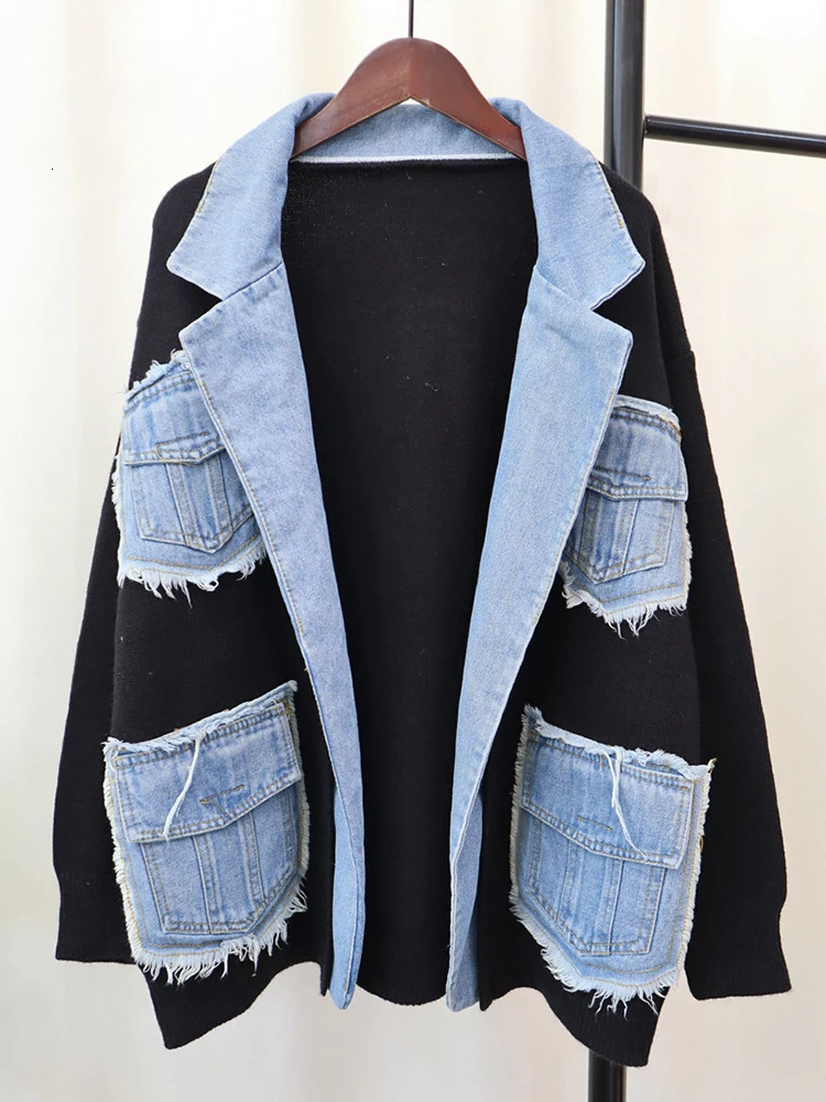 Women Denim Set Chic Lapel Knit Spliced Denim Jacket with Open Seam Detailing Modern TwoPiece Clothing Set for L25101821DL