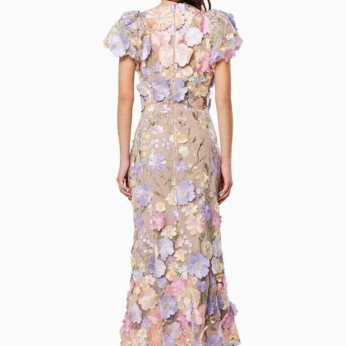 Spring New Light Round Neck Embroidered Three-Dimensional Wer Bubble Sleeve Mid Length Dress With Wrapped Buttocks And Fishtail Skirt