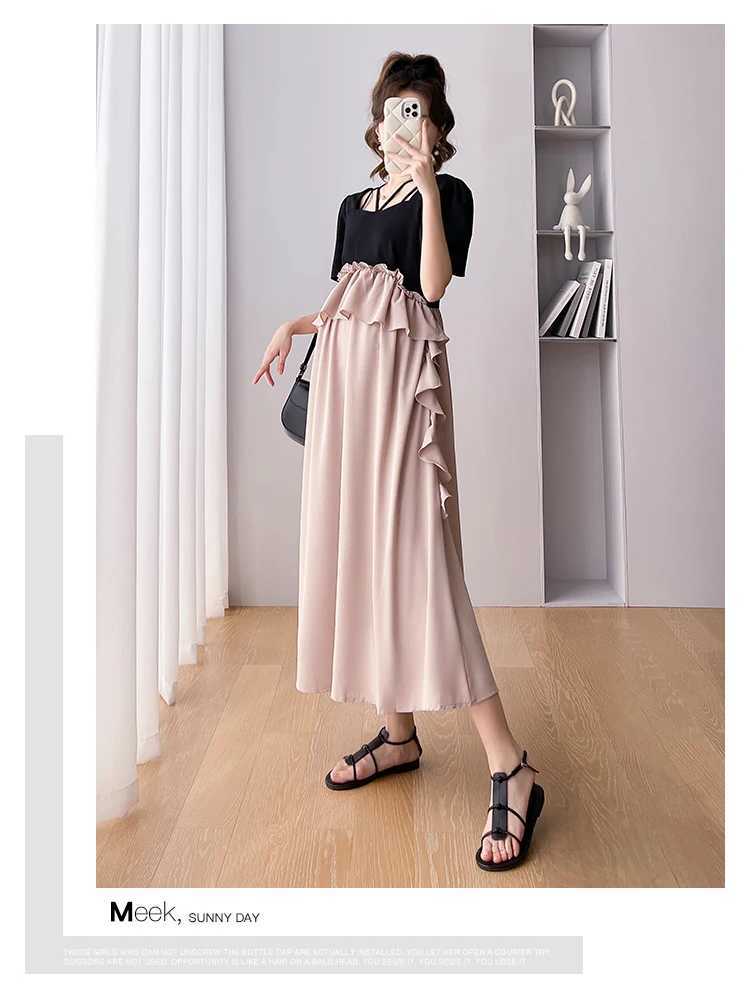 2025 Summer Pregnancy Dress Short Sleeve Square Collar Ruffles Patchwork Materni Chiffon Dress Plus Size Pregnant Women DressXJ241213