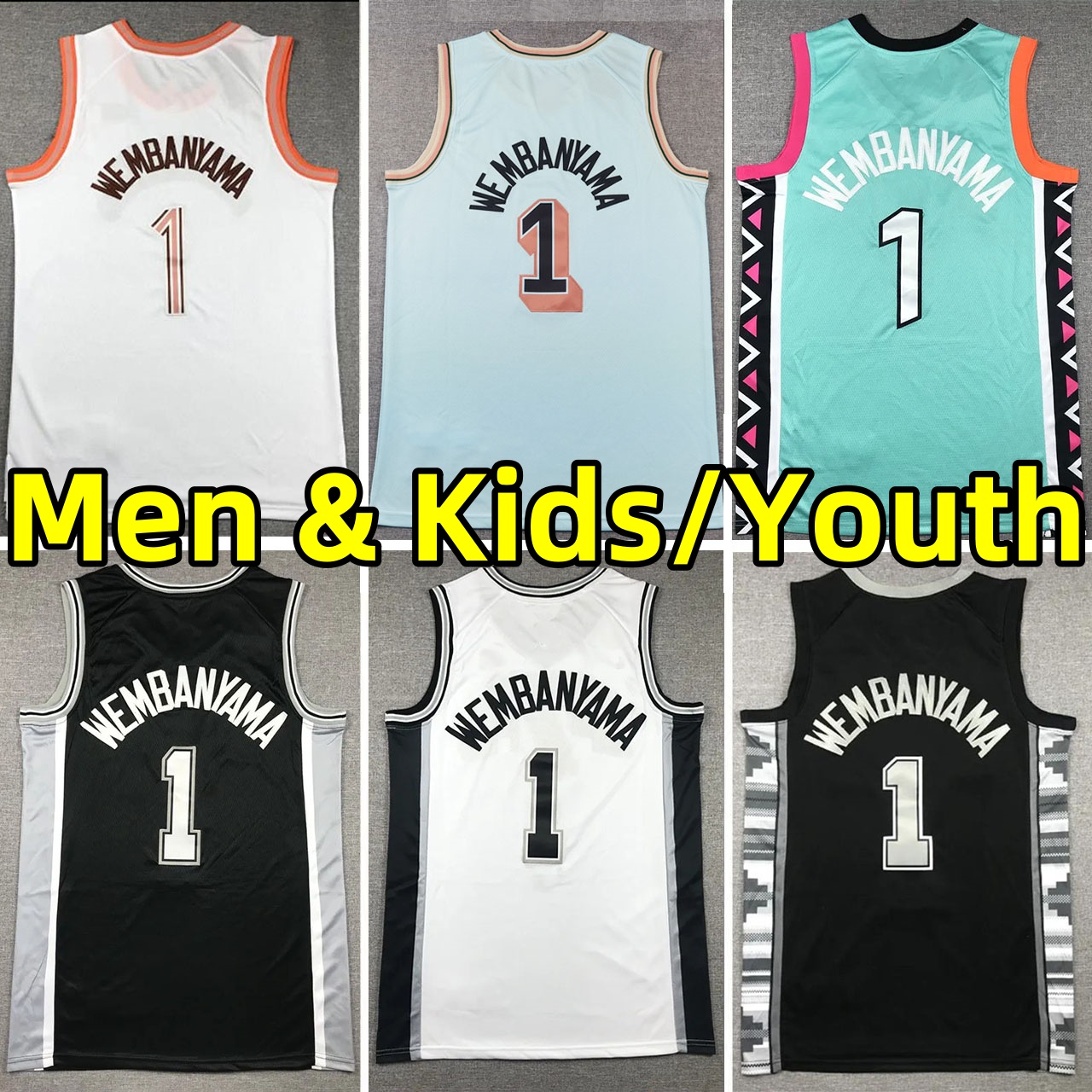 #1 Victor Wembanyama Basketball Jerseys Men Youth Kids City Jersey Wear vest Black adults children