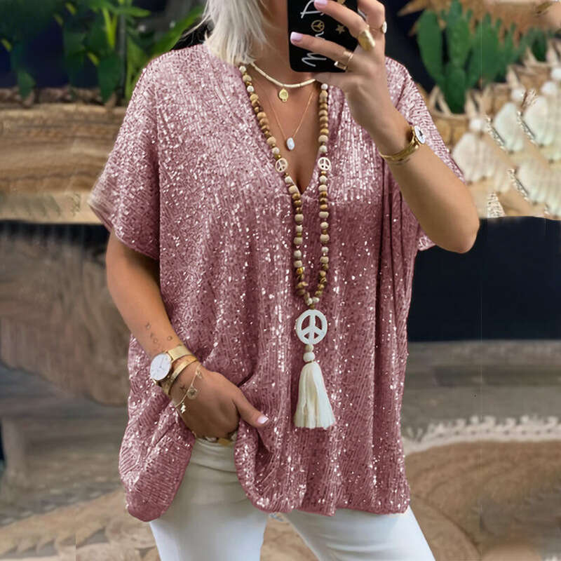 New European And American Short Sleeved Urban Casual Color Loose Fitting Pullover Sequin V-Neck T-Shirt Top For Women