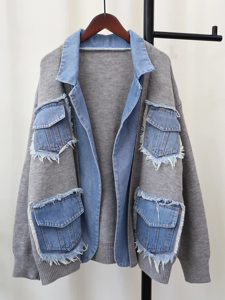 GVUW niche n denim jacket womens lapel splicing knitted open seam full set 2024 clothing 17G8260 241211