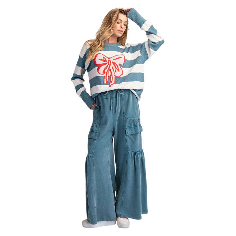 2024 European and American Jacquard Knitted Round Neck Intercolor Hoodie Long Sleeve Bow Sweater Women's