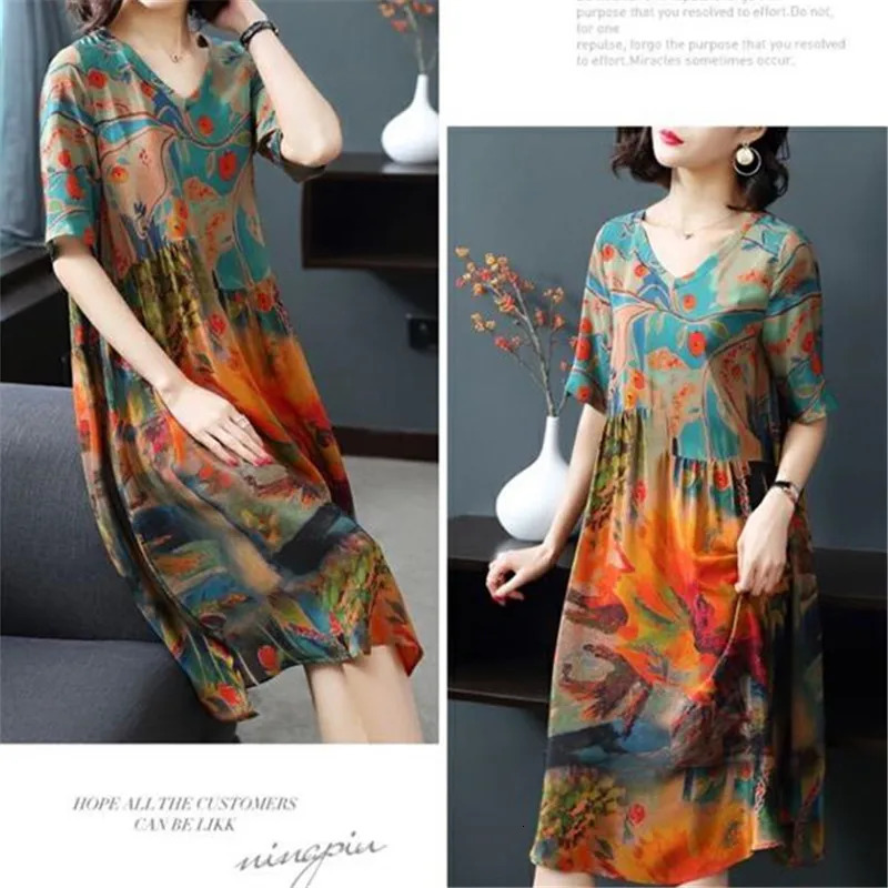 2023 Summer High Quality Silk Screen Dress Medieval Retro Elegant Large Loose Oneck Womens 241212