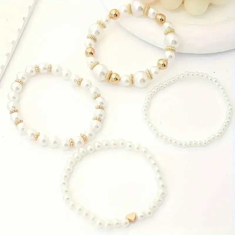 New 4 Pcs/Set imitation Pearl Beaded Bracelets Set for Women Fashion Gold Color Heart Big Pearl Bracelet Tren Jewelry GiftsXJ241214