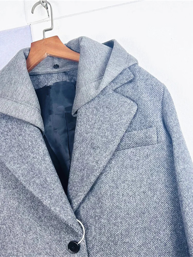 Ladies SingleBreasted Grey Elegant Jacket Tops with Pockets Autumn Winter Womens Hooded Suit Blazer Coat 241209