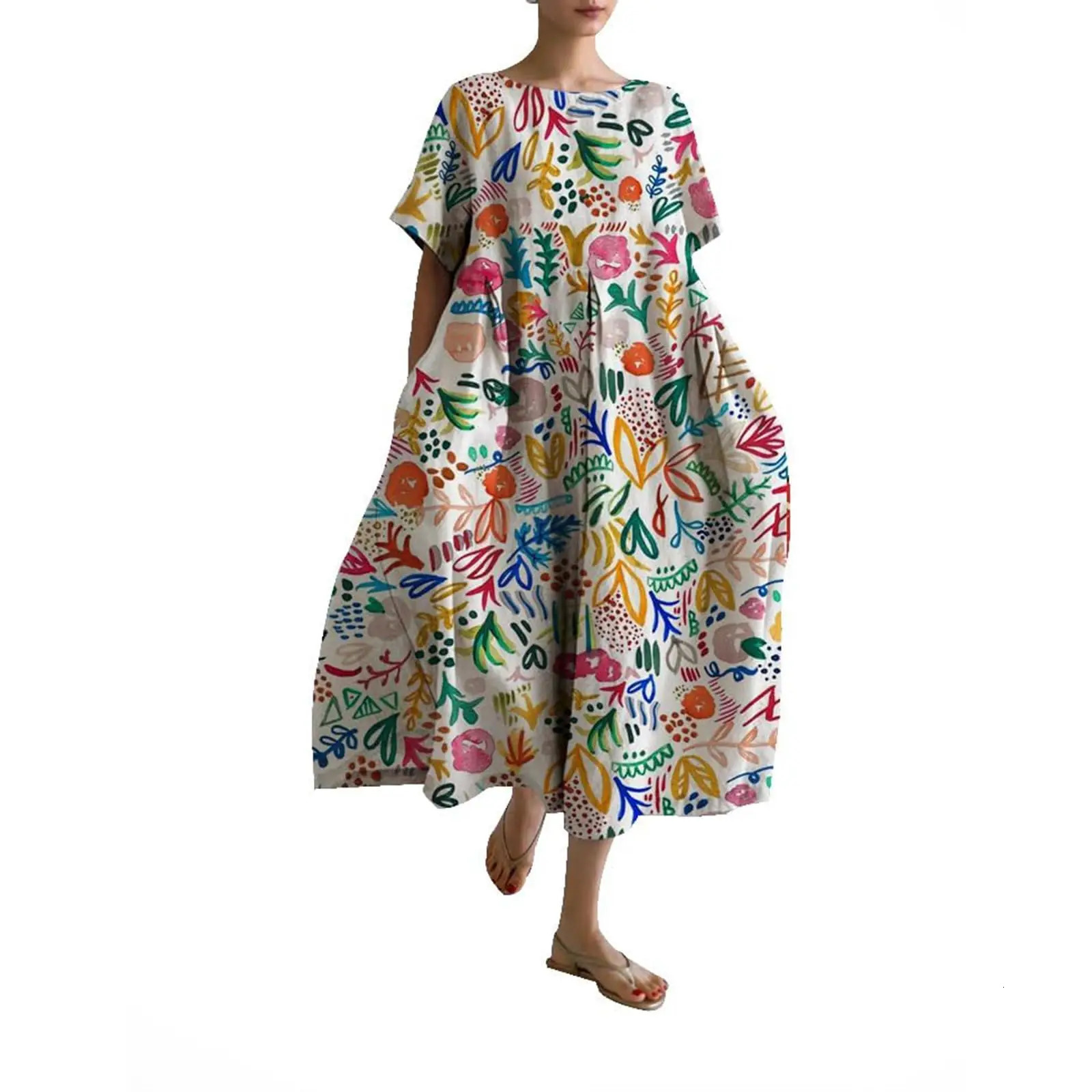 Summer European and American Womens Loose Round Neck Elegant Fashion High end Short Sleeve Printed Dress 241212