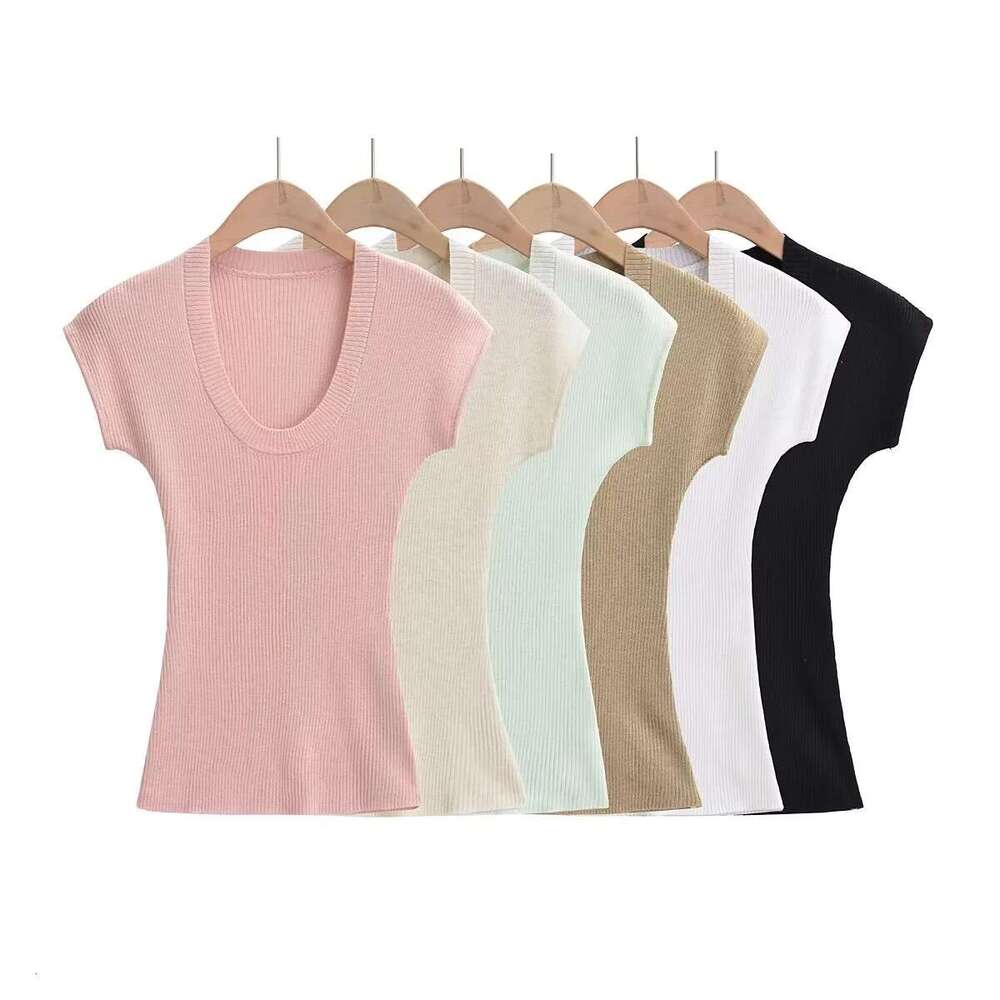 American INS summer U-neck solid color thin short sleeved top, women's stretch slim fit and slimming knit T-shirt, 2024 new casual fashion trend 
