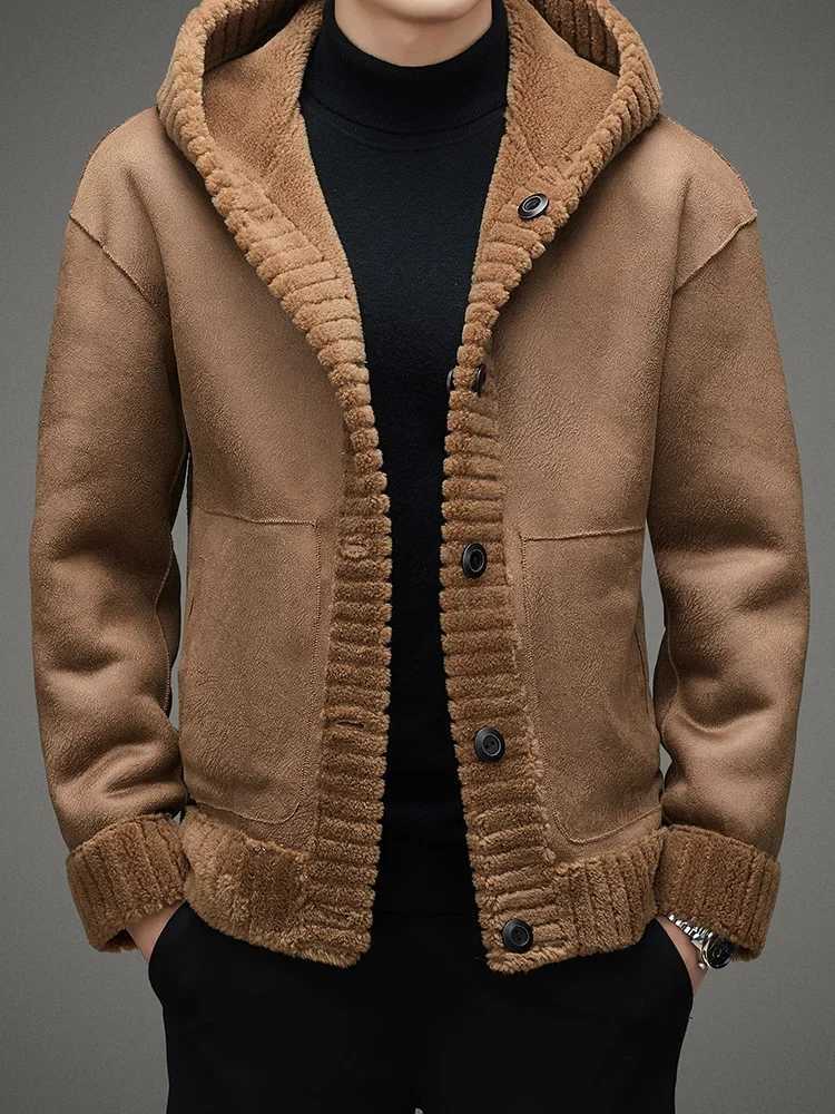 2024 Winter Mens New Sheep Wool Coat Mens Solid Warm Hooded Jacket Mens True Wool Coat F452 W241213