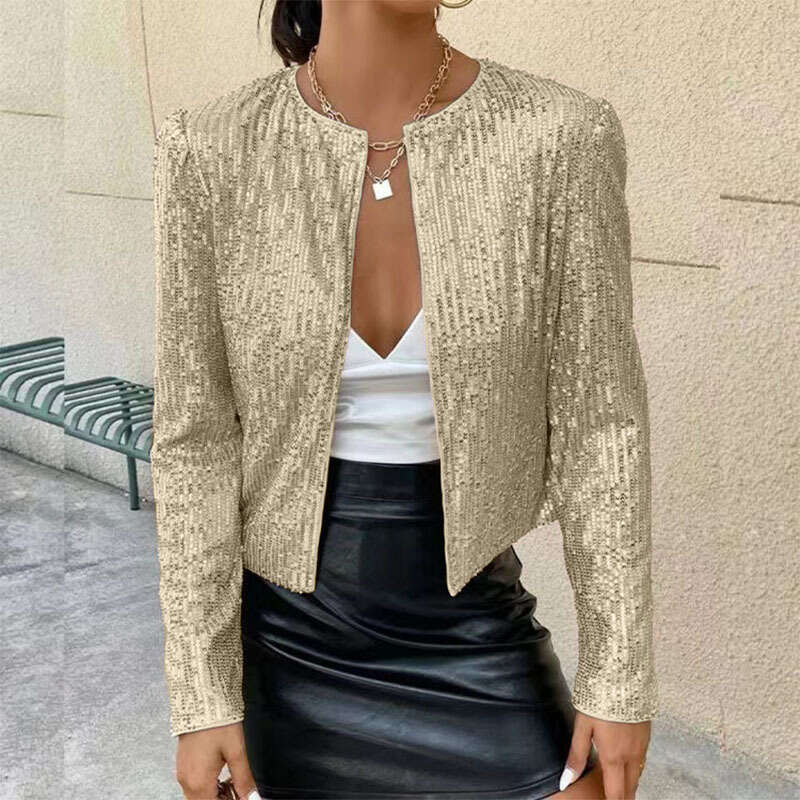 Cross Border Spring New European And American Women's Fashion Stand Up Collar Color Blocked Glitter Short Casual Versatile Small Coat