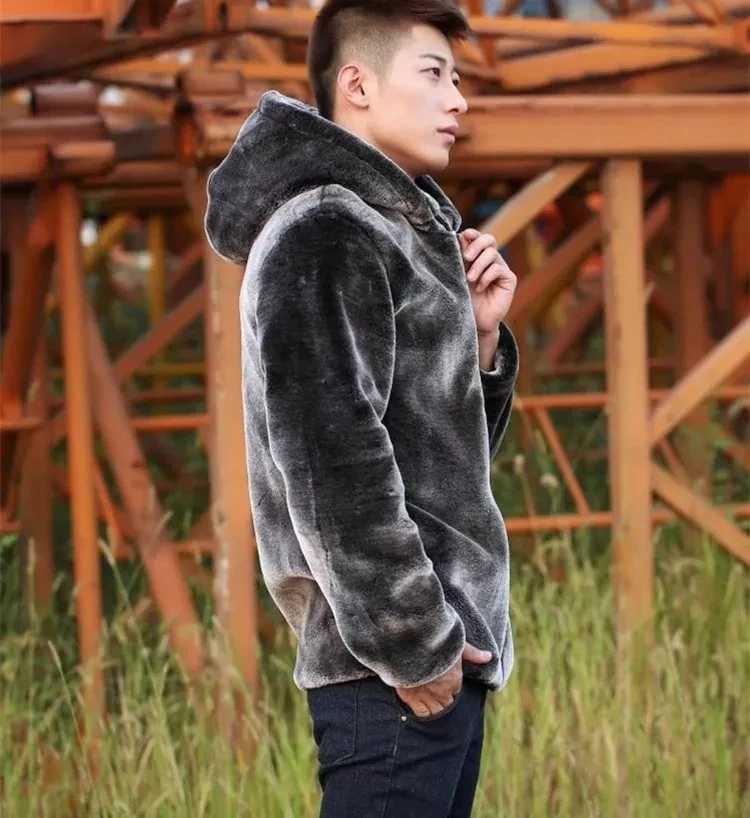 Mens winter warm faux fur mink jacket mens solid color casual soft plush fluffy hooded jacket outerwear W241213