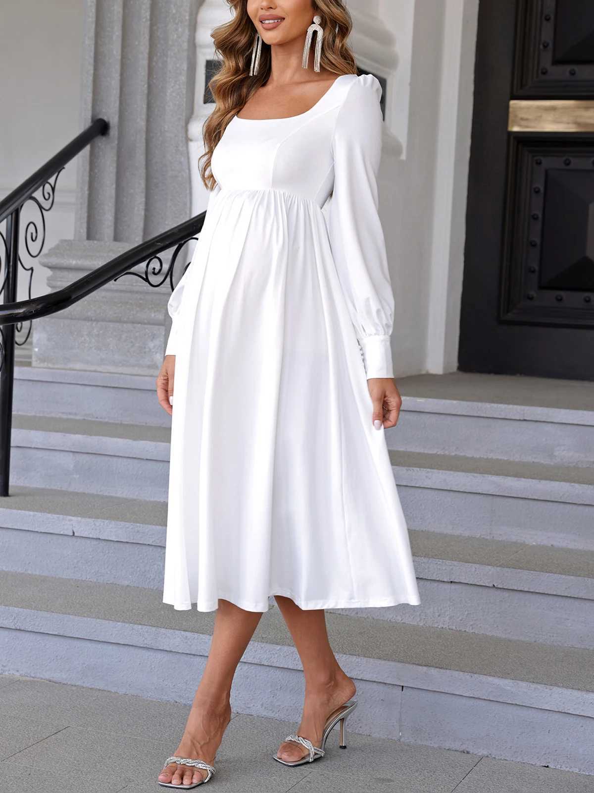 ItsRoya Simple Solid White Casual Materni Dress Long Sleeves With Pearl Women Photography Props Dress Ruched Pregnant ClothingXJ241213