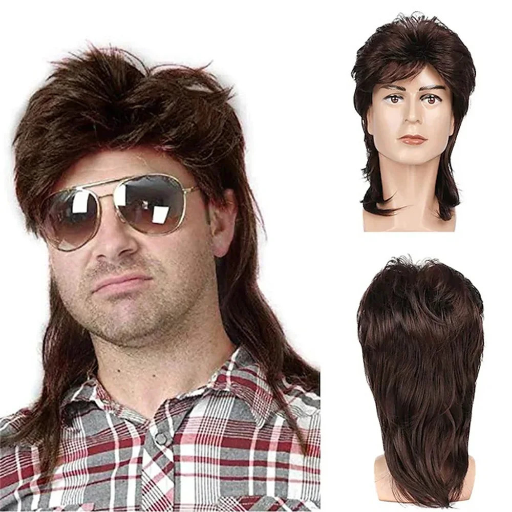Mullet Wigs for Men 70s 80s Costumes Mens Black Fancy Party Accessory Cosplay Hair Halloween Wig 241213
